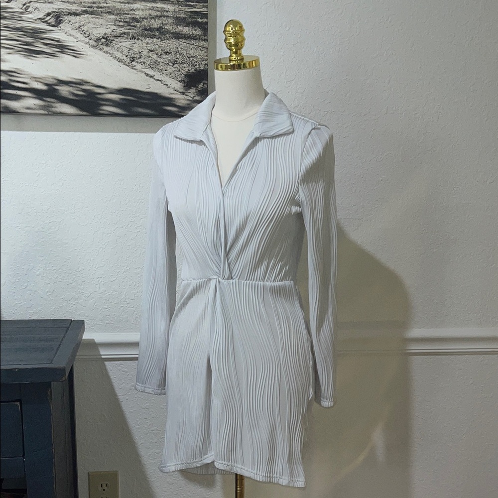 SHEIN White Pleated Long Sleeve Dress Large